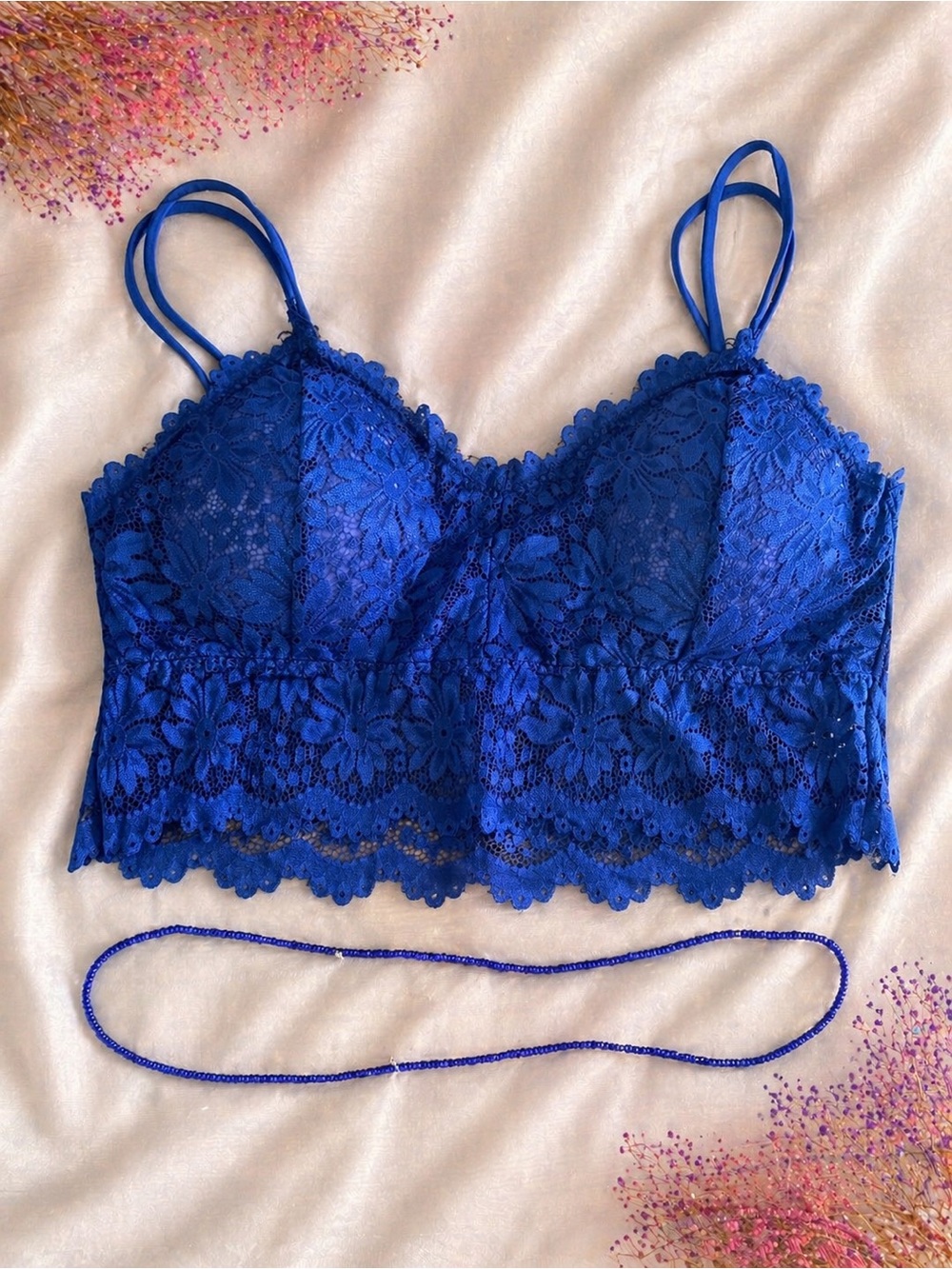Lace Bralette Cami in Royal Blue with matching belly beads